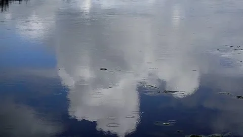 Reflection of clouds in river water and raindrops. Stock Footage 138530443
