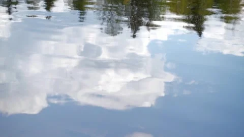 Reflection of clouds, sky and trees on summer day on surface of water in river. Stock Footage 250394481