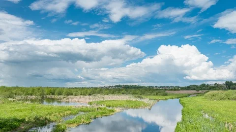 Reflection clouds in the water. Time lapse on the swamp Stock Footage 108558306