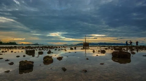 Reflection Of Cloudy Sunset In Tidal Pool, Timelapse Video stock 53844902