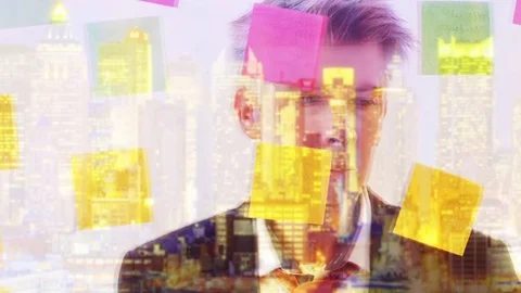 Reflection of a creative businessman putting post it notes on to a window Stock Footage 80173182