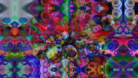 Reflection dark abstract dimension rainbow bubbles with dancing hearts floating Stock Footage 152295093