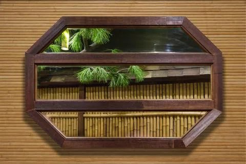 This is a reflection in a dark wooden framed mirror, showing a bamboo fence Stock Illustration