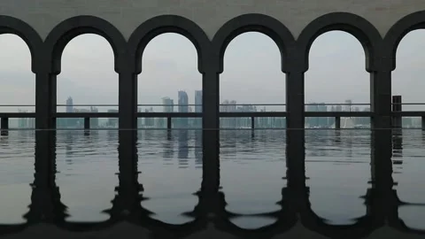 Reflection of Doha cityscape at luxury pool, Qatar. Video stock 149001751