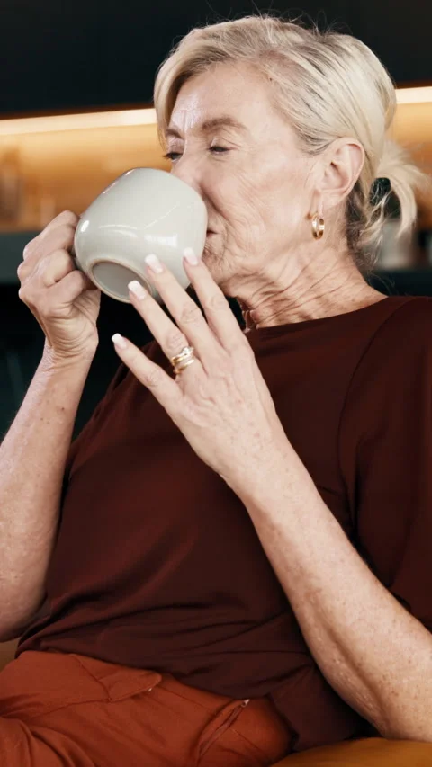 Reflection, drinking coffee and woman relax in home, remember memory and Stock Footage 338110352