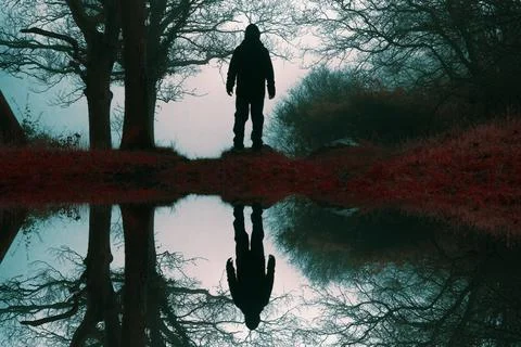 A reflection duplicate horror concept. of a scary hooded figure, Stock Photos