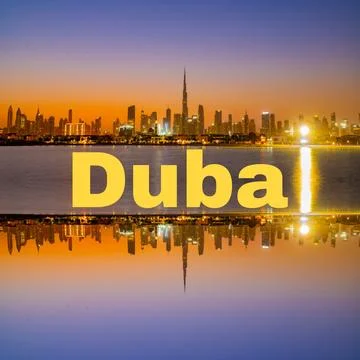 Reflection Effect of Dubai skyline with Dubai Text in center. Stock Photos
