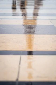 Reflection of the Eiffel Tower on the ground wet of rain in winter in Paris Stock Photos