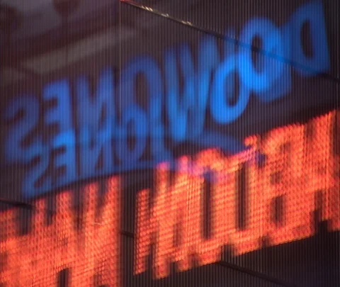 Reflection of electronic Dow Jones ticker Stock Footage 86748985