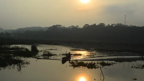 The reflection of the evening sun on the swamp Stock Footage 277669770