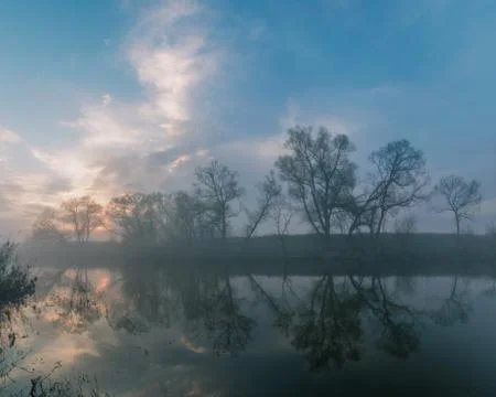 Reflection of the first rays of the sun in a misty forest lake Stock Photos