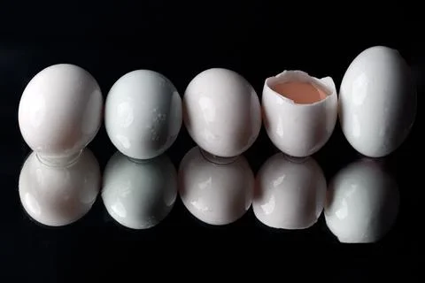 The reflection of Five raw duck eggs are sitting in a row with an egg broke.. Stock Photos