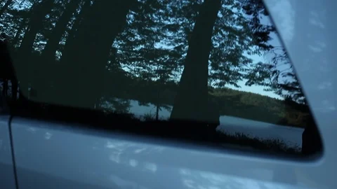Reflection Of A Forest And A Beautiful Lake In The Window Of A Car Stock Footage 99940373