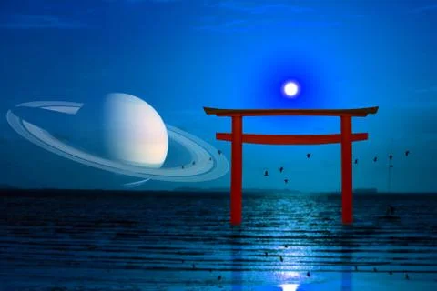 Reflection full moon over torii on night sky and silhouette birds flying on s Stockfoto's