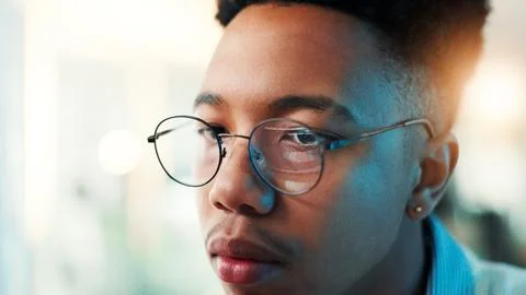 Reflection, glasses and code with business man cyber security, network domain Foto stock