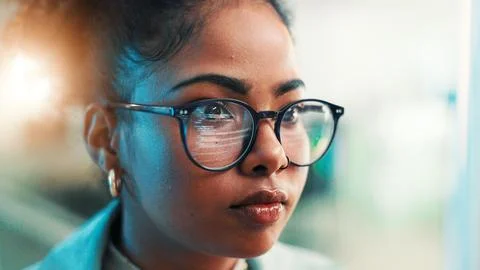 Reflection, glasses and programmer with business woman cyber security, network 写真素材