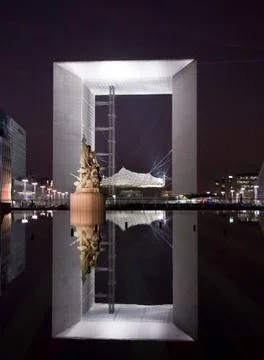  Reflection of the Grande Arche in Paris at night PARIS - SEPTEMBER 21: La... Stock Photos