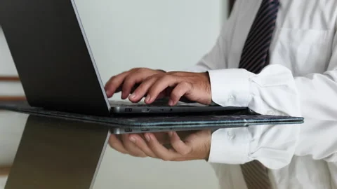 Reflection of hands and laptop on the table surface. Stock Footage 314006332