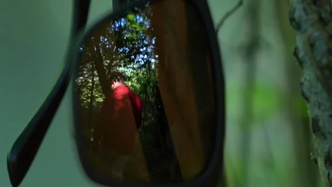 Reflection of Hiker in Sunglasses Hanging from Tree Branch 動画素材 310823544