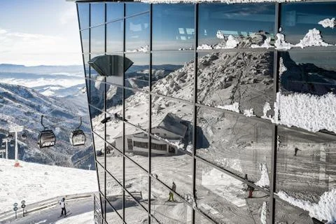 Reflection of hill Chopok on building of ropeway, Slovakia Stock Photos
