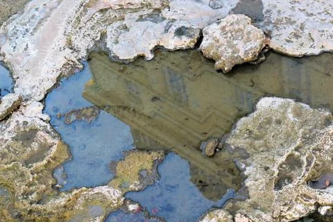 Reflection house in a pool of hydrogen sulfide therapeutic mineral water at a Stock Photos