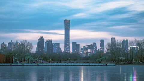 Reflection of ice surface in Beijing CBD from day to night Stock Footage 227071041