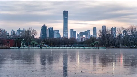 Reflection of ice surface in Beijing CBD from day to night Stock Footage 227071486
