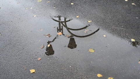 Reflection of a lantern in a puddle on a background of yellow leaves Stock Footage 121071841