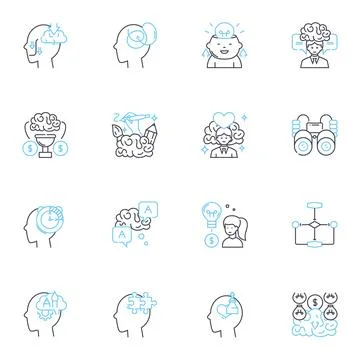 Reflection linear icons set. Contemplation, Pondering, Self-awareness Illustrazione stock