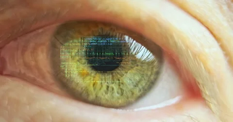 Reflection of lines of computer code in the human eye, close-up, macro. Concept Vidéo 269441044