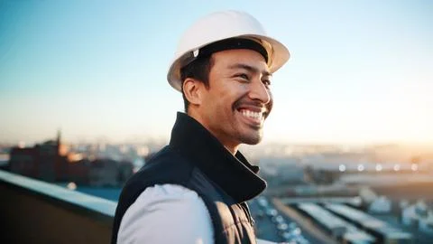 Reflection, man and architect with smile, inspector or engineer for urban i.. Foto stock