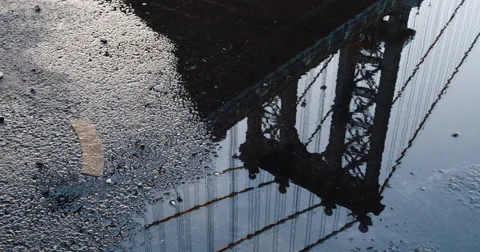 Reflection of the Manhattan Bridge in a gutter puddle - 4k Video stock 67347758