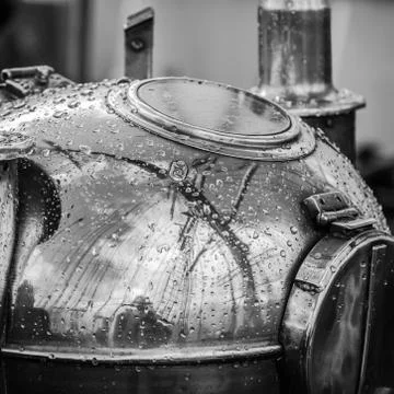 Reflection of a mast in an old ship compass, closeup. Black and white photo Stock Photos
