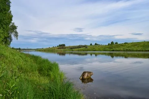 Reflection of meadow in still river at summer Stock Photos