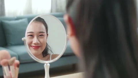 Reflection In A Mirror Beautiful Young Asian Woman Touching Her Face Stock Footage 218321512