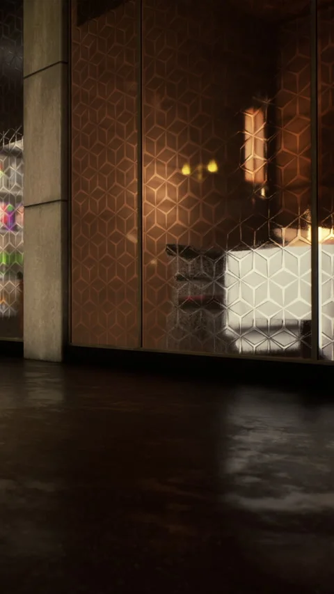 Reflection of a modern restaurant interior on a shiny floor surface Stock Footage 339390478