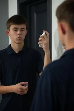 Reflection moment in a modern bathroom while preparing for a night out with.. Foto stock