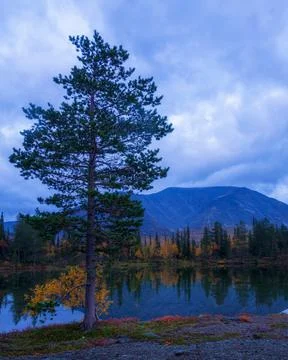 Reflection of mountains and clouds in the calm surface of the lake. Peaceful Stock Photos