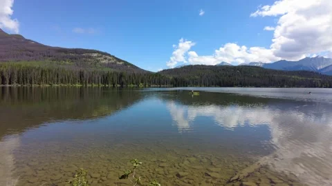 Reflection of mountains and clouds in Pyramid Lake in Jasper National Park Stock-Footage 159023614
