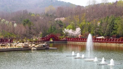 Reflection of mountains in the lake. Spring in Qingdao. Landscape of Fushan Eco- 스톡 동영상 302168723