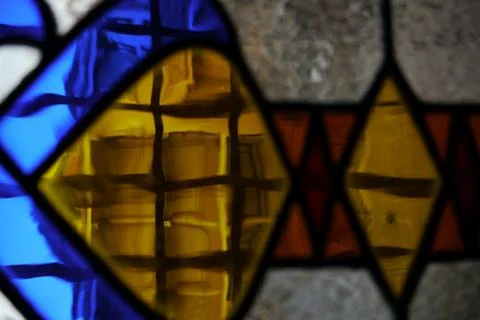 Reflection of an old building from a stained glass Stock Photos