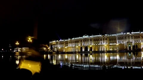 Reflection of Palace square at rainy autumn night, St. Petersburg, Russia Stock Footage 69948821