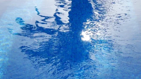 Reflection of palm tree in swimming pool with rippling water Stock Footage 109409243