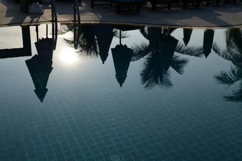 Reflection of palm trees and beach umbrellas in the pool in the morning light Stock Photos