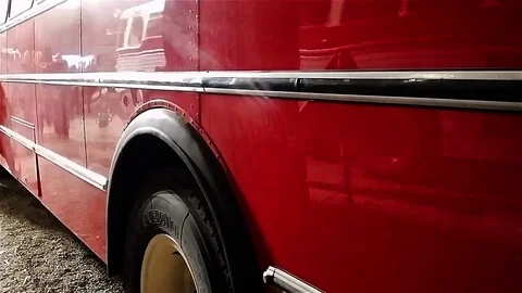 Reflection of the People in Retro Red Bus. Stock Footage 69802360
