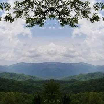 Reflection Photo Collage of Spring Mountain Trees Clouds and Sky Stock-Fotos