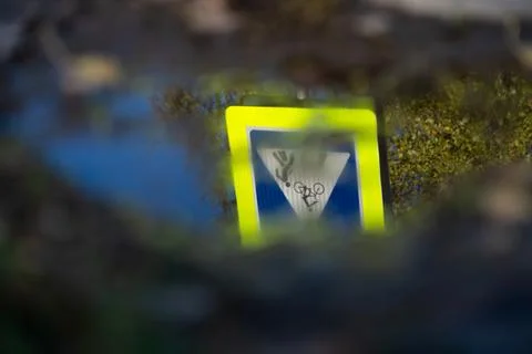 Reflection in a puddle. The road sign is reflected in the water Stock Photos