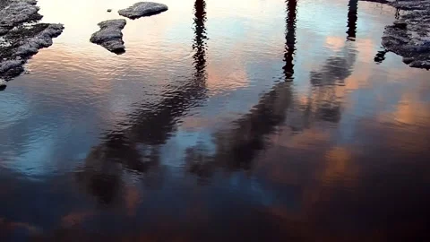 Reflection in puddle of three chimneys smoke. Industry pipes Stock Footage 144945758