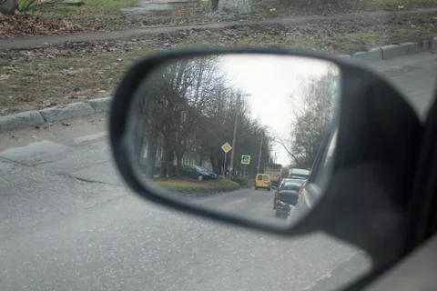 The reflection in the rear view mirror on a car Stock Photos