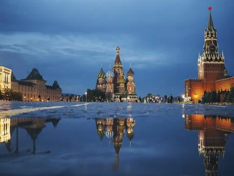 Reflection of Red Square in Moscow in the river at night Stock Photos